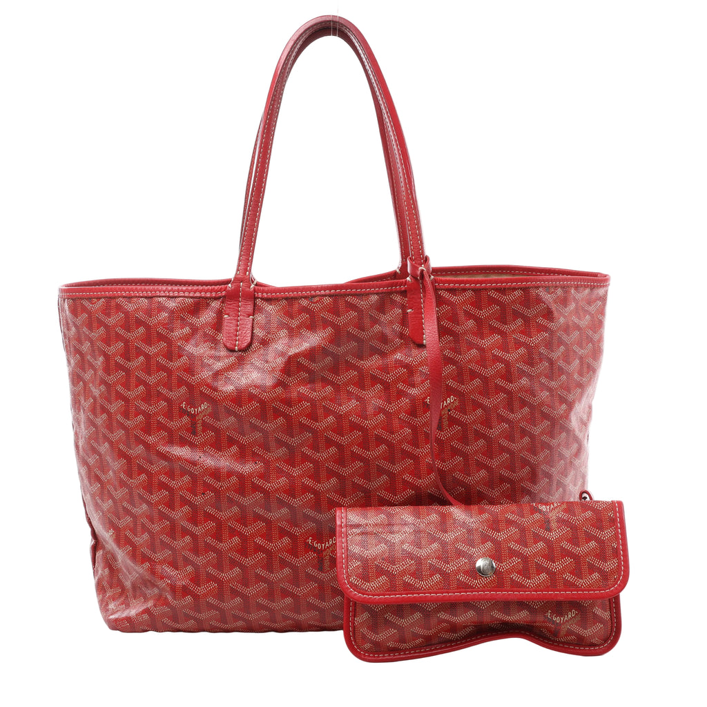Red Goyard Saint Louis PM tote with a repeating chevron pattern, red leather shoulder handles and trim, shown with a matching flap pouch.