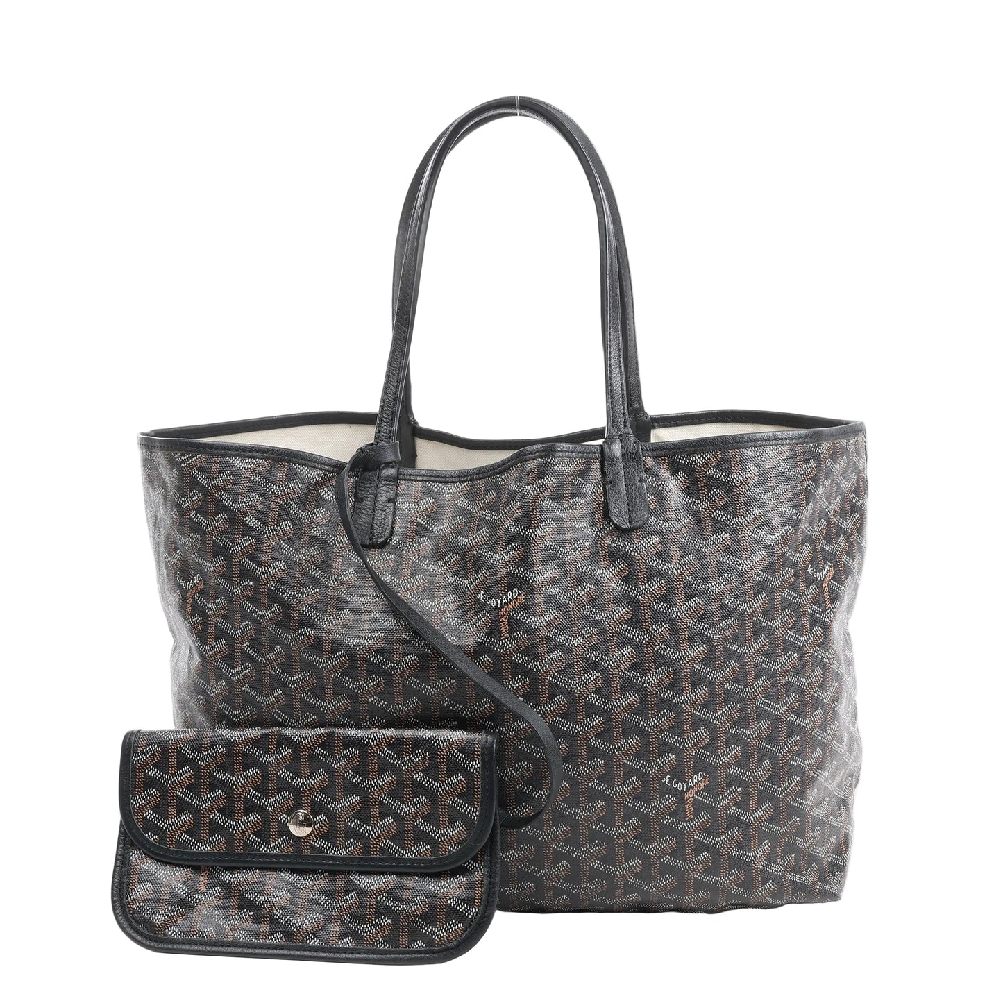 Goyard Saint Louis PM shoulder bag in black with signature Goyardine PVC canvas, black leather trim and handles, and a matching detachable pouch, displayed against a white background.