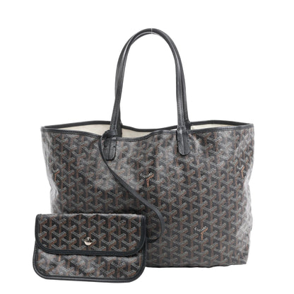 Goyard Saint Louis PM shoulder bag in black with signature Goyardine PVC canvas, black leather trim and handles, and a matching detachable pouch, displayed against a white background.