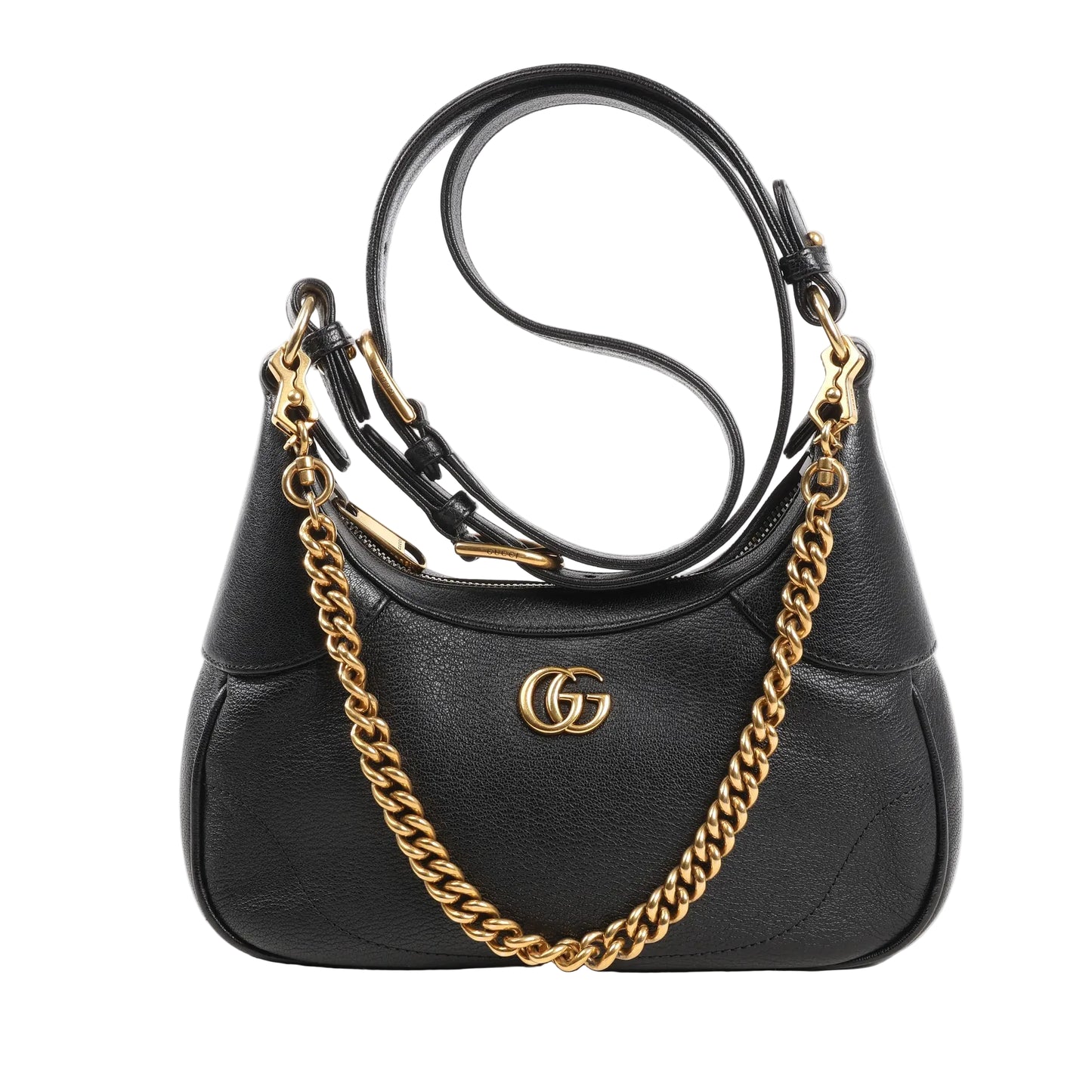 Gucci Aphrodite Small 2Way handbag in black grained leather with gold-tone GG logo, chunky chain handle, and detachable leather shoulder strap.