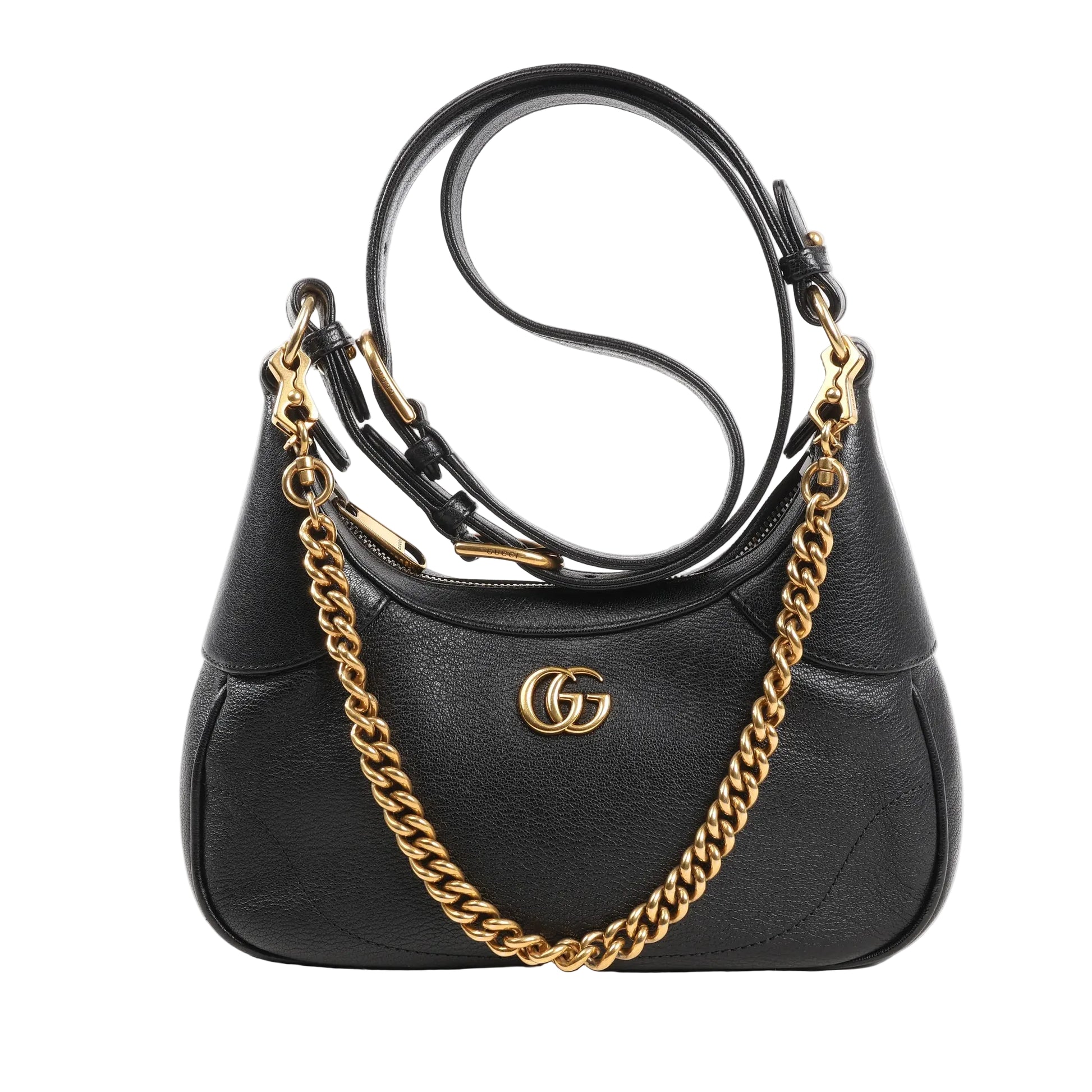 Gucci Aphrodite Small 2Way handbag in black grained leather with gold-tone GG logo, chunky chain handle, and detachable leather shoulder strap.