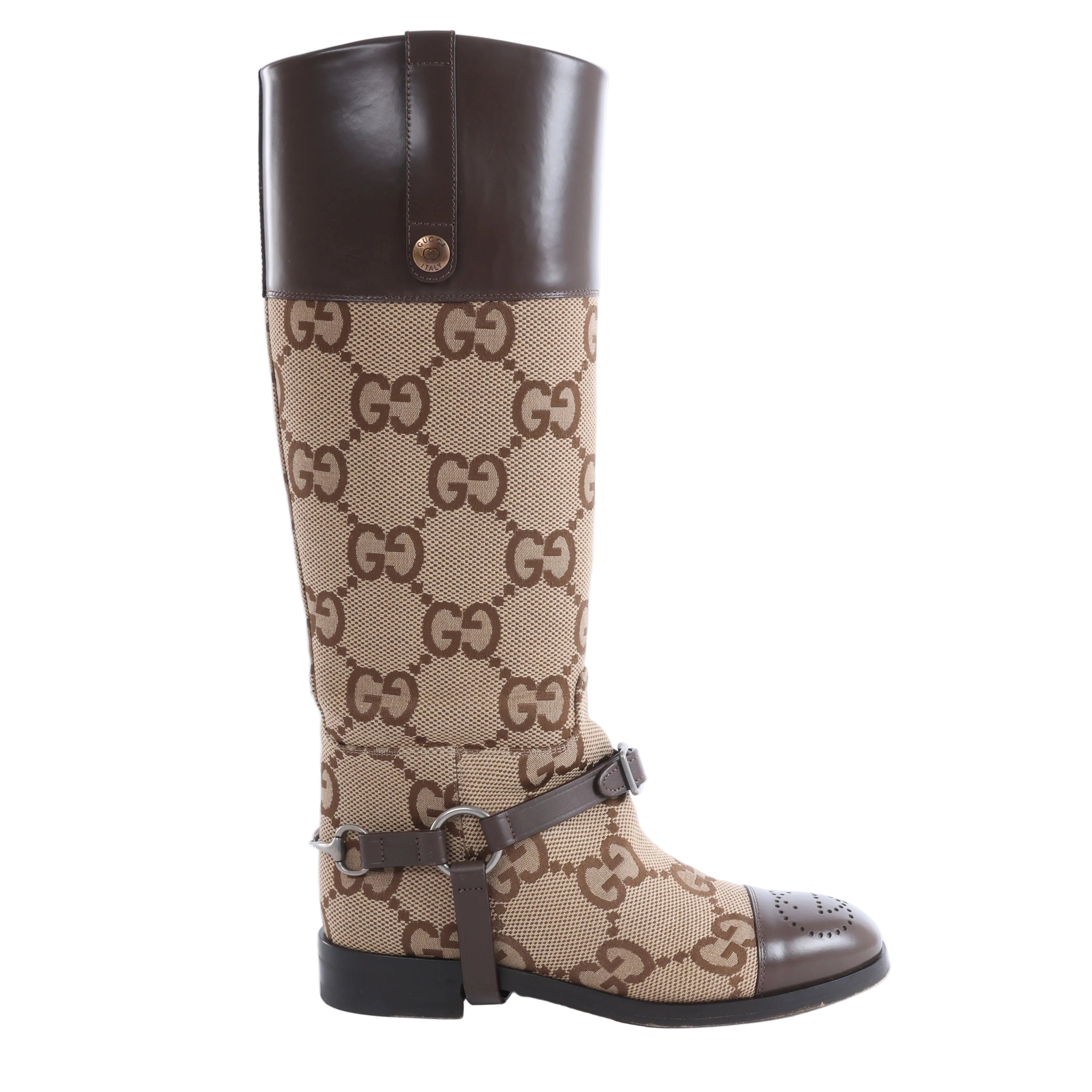 Gucci GG Canvas & Leather Long Boots in Brown 674673, Size EU 37.5