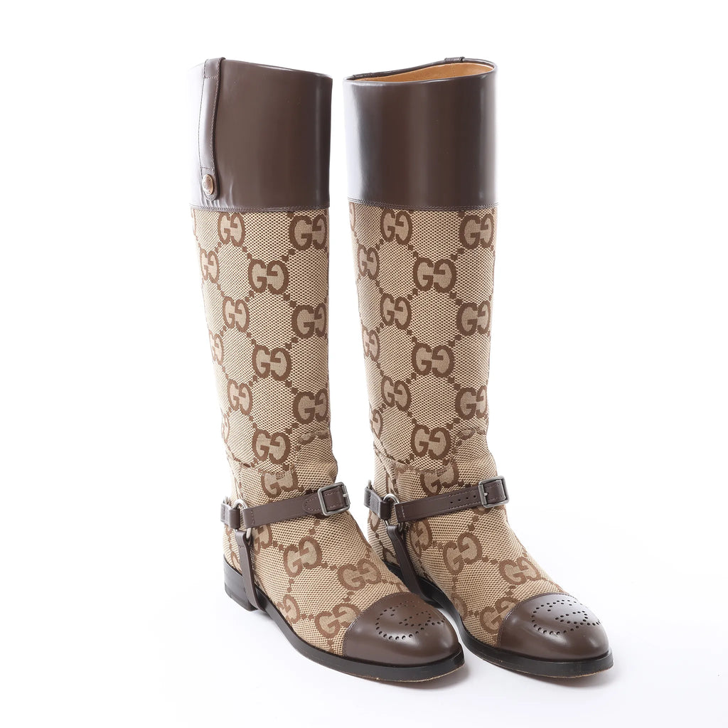 Gucci GG Canvas & Leather Long Boots in Brown 674673, Size EU 37.5