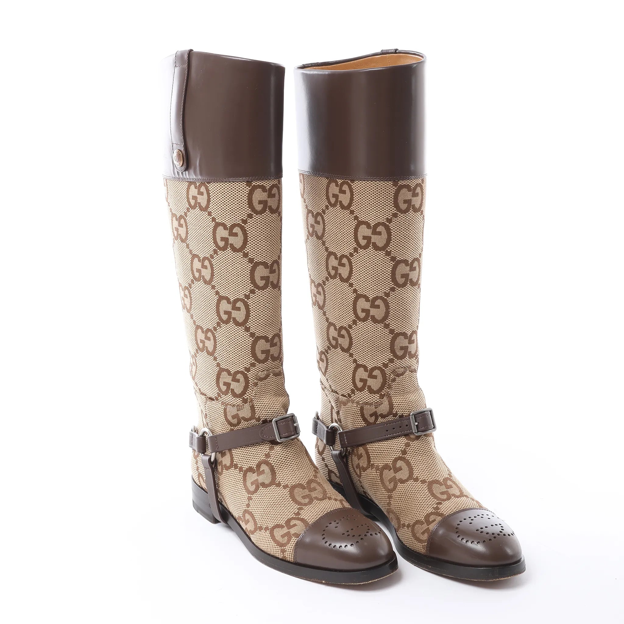 Gucci GG Canvas & Leather Long Boots in Brown 674673, Size EU 37.5