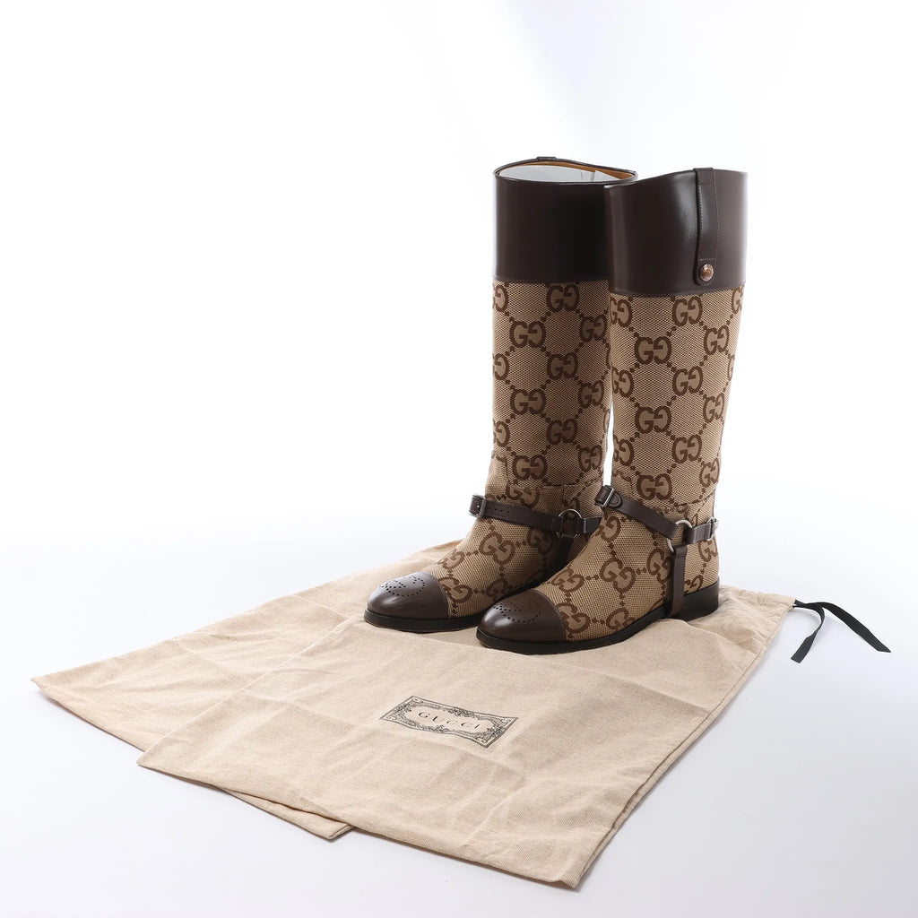 Gucci GG Canvas & Leather Long Boots in Brown 674673, Size EU 37.5