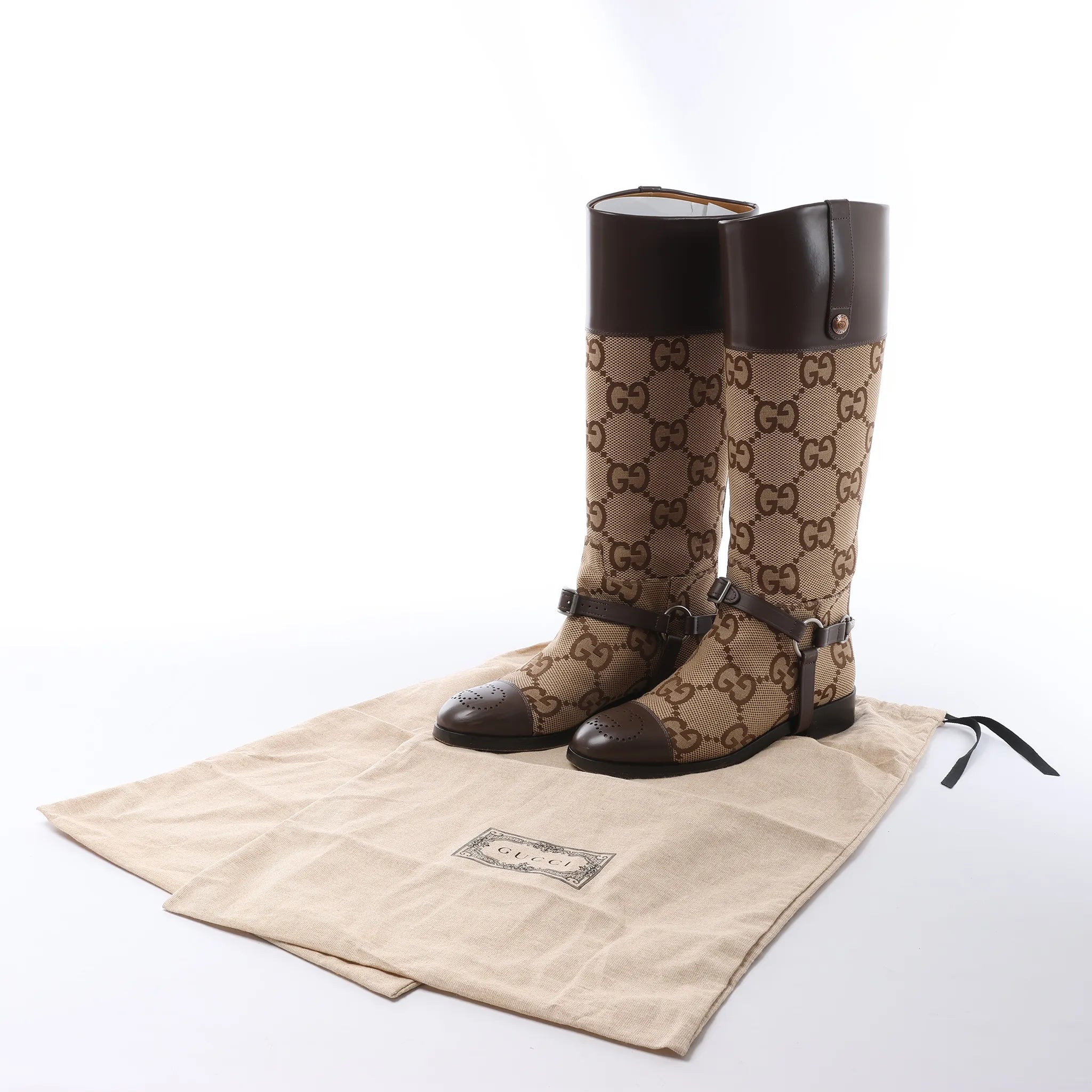 Gucci GG Canvas & Leather Long Boots in Brown 674673, Size EU 37.5