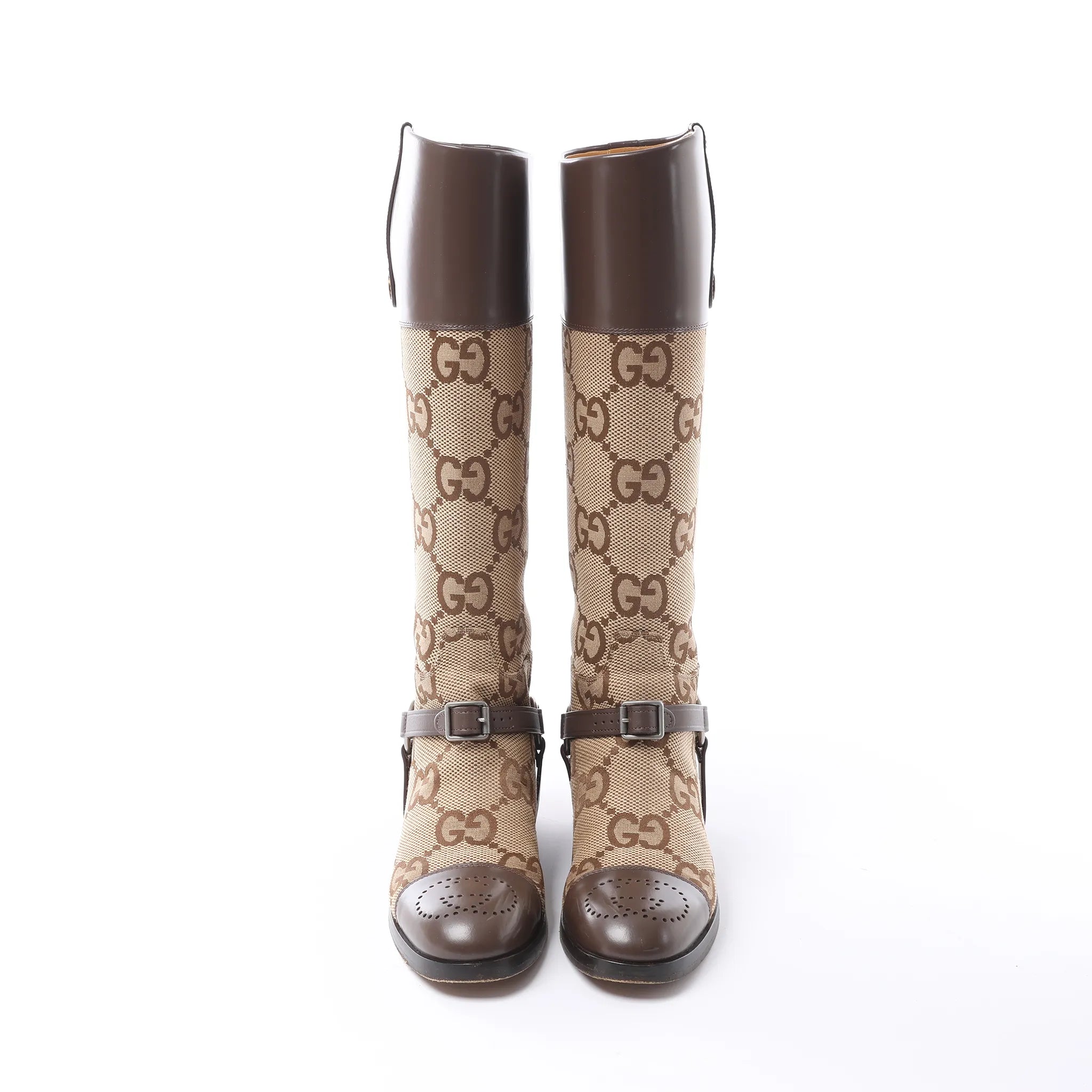 Gucci GG Canvas & Leather Long Boots in Brown 674673, Size EU 37.5
