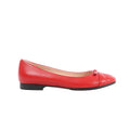 Side view of a red Gucci GG Marmont leather ballet flat with a rounded toe, small red bow, tonal toe detailing and a low black heel.