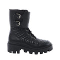 Black Gucci GG Marmont leather ankle boot with quilted chevron panels, lace-up front, two silver-tone buckle straps and chunky lug sole.
