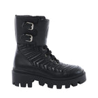 Black Gucci GG Marmont leather ankle boot with quilted chevron panels, lace-up front, two silver-tone buckle straps and chunky lug sole.