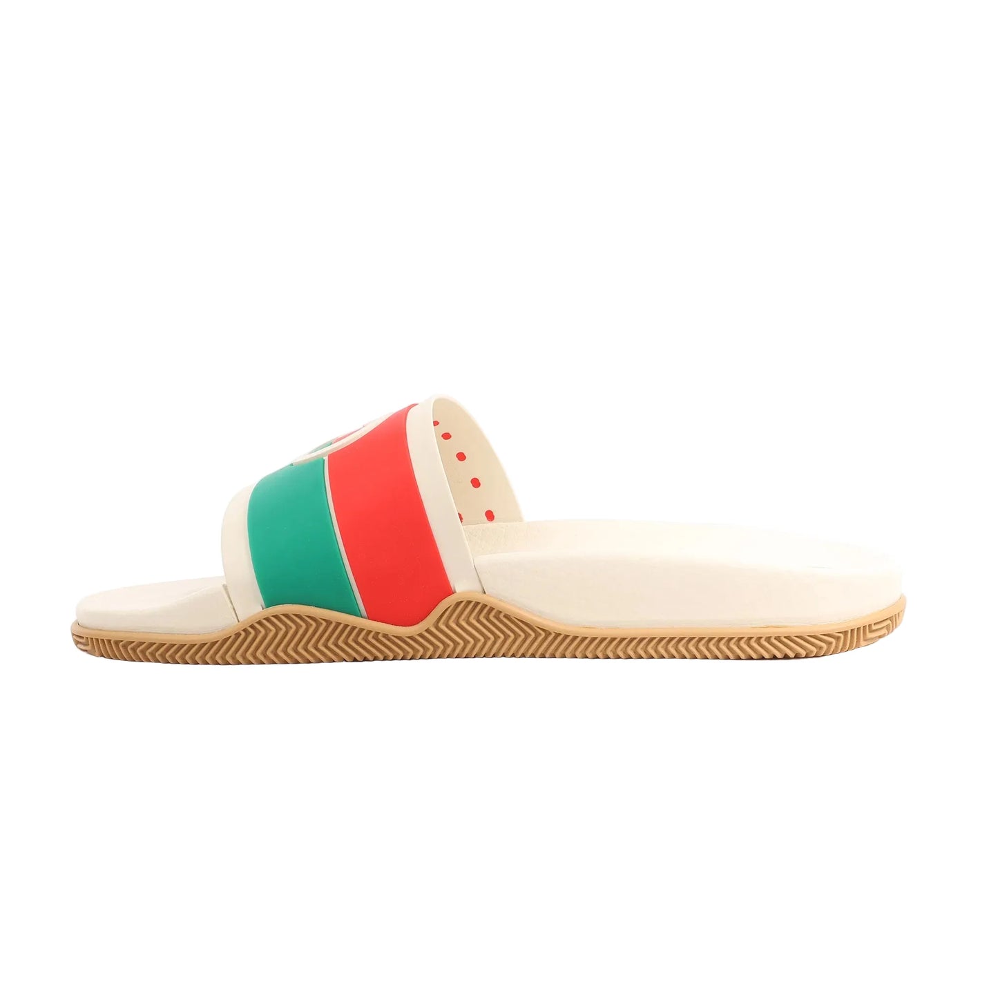 Side view of an ivory Gucci Interlocking G rubber sandal in size 44 EU, featuring a wide strap with green and red stripes, cut-out G logo, textured gum sole, and molded footbed on a white background.