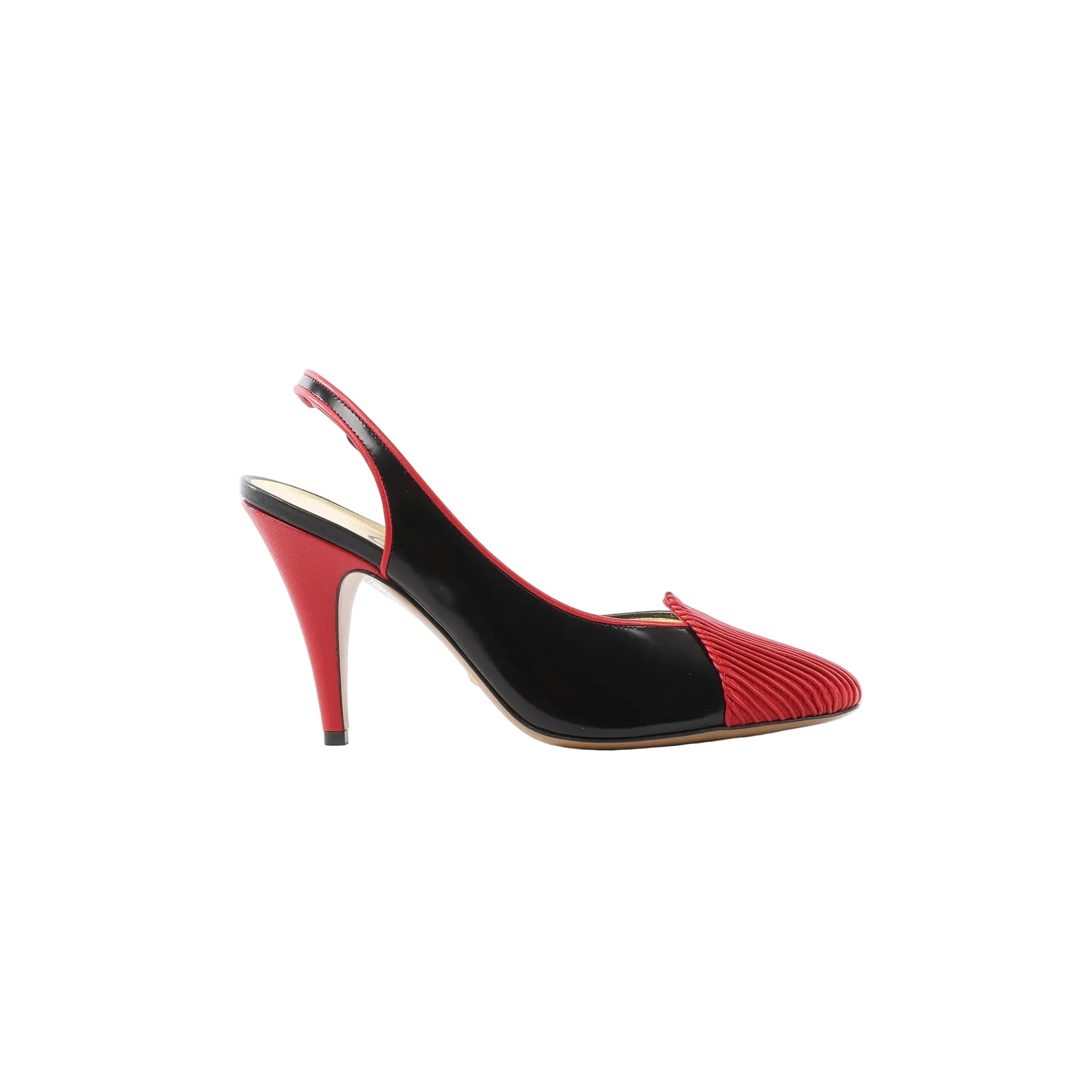 Gucci black leather slingback pump with red contrast heel, red trim, pointed toe with red ribbed toe panel, shown in side profile.