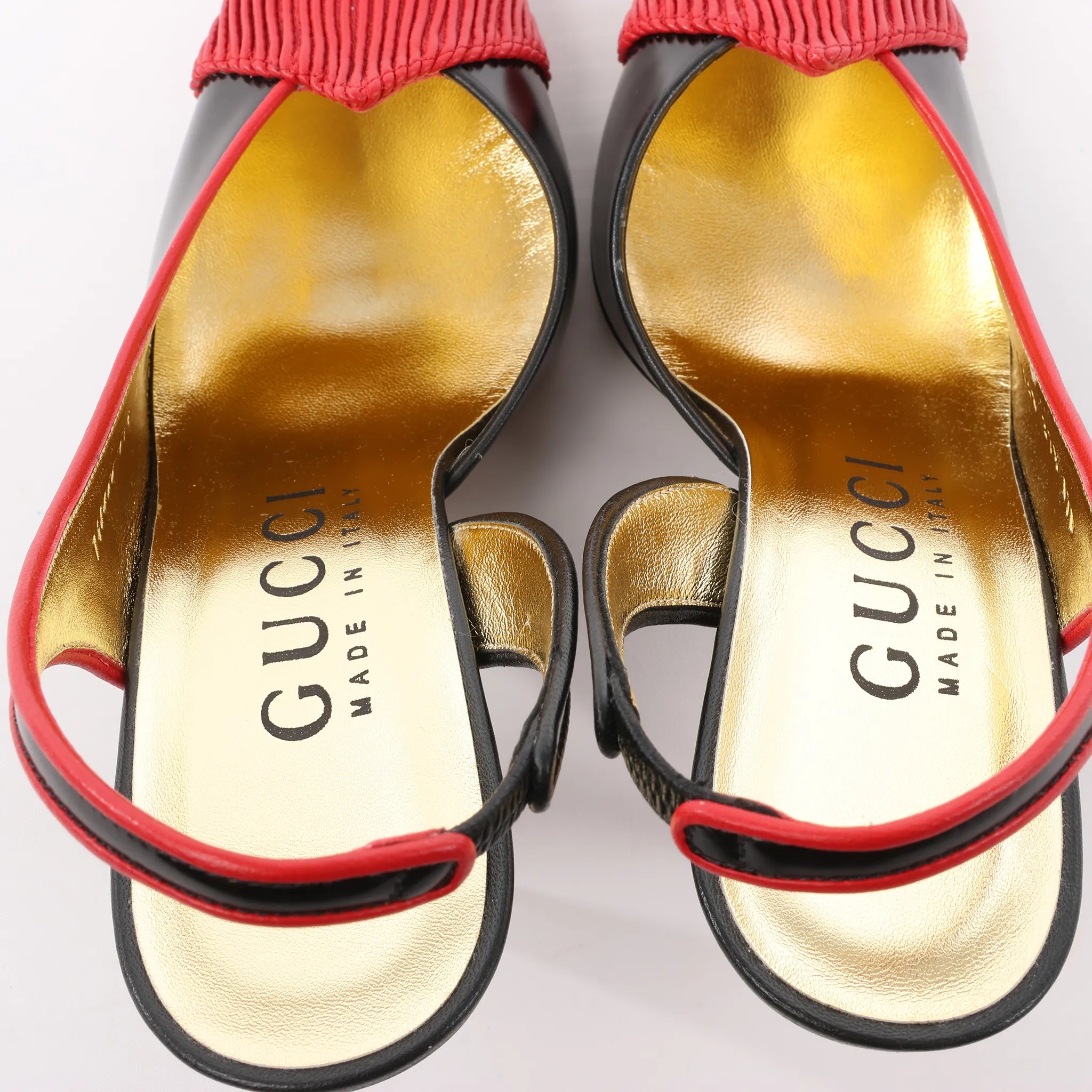 Gucci Slingback Leather Strap Pumps in Black x Red 740058, Size 37.5 EU