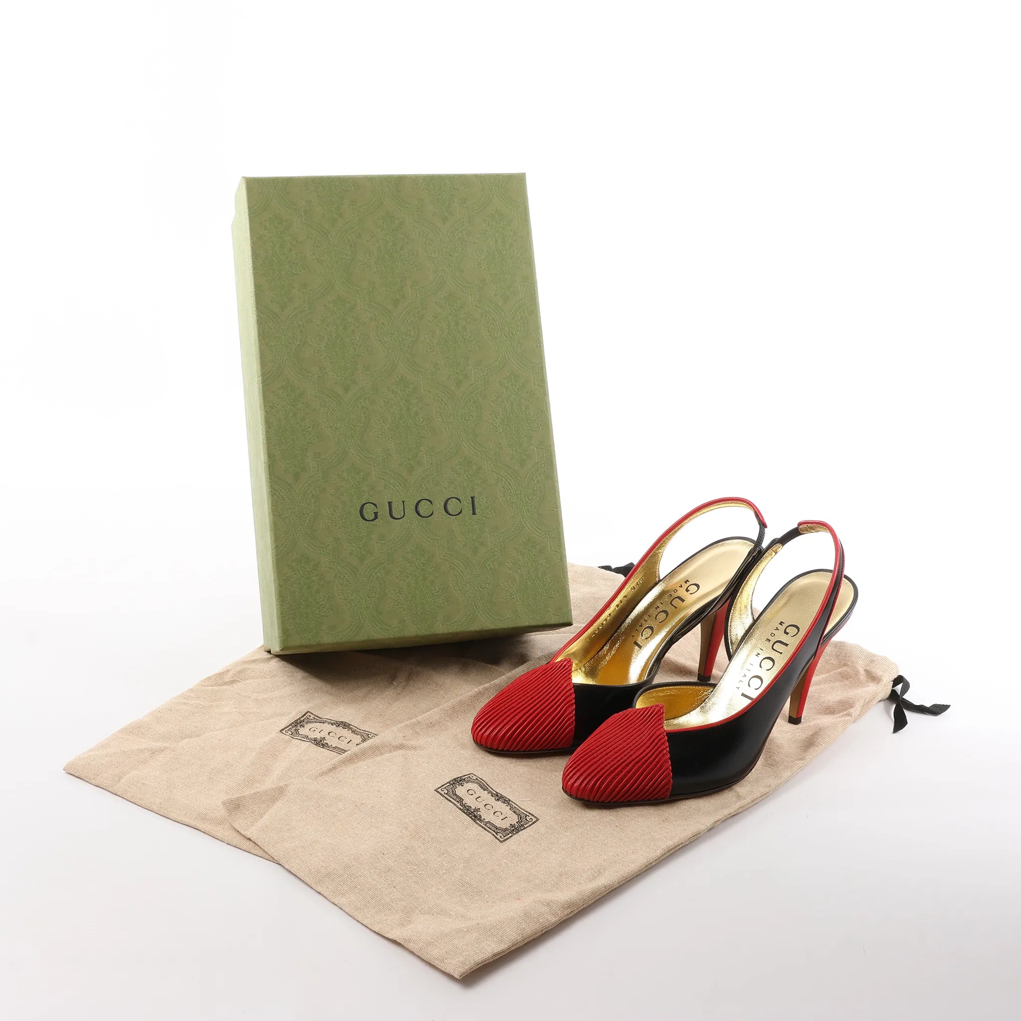 Gucci Slingback Leather Strap Pumps in Black x Red 740058, Size 37.5 EU