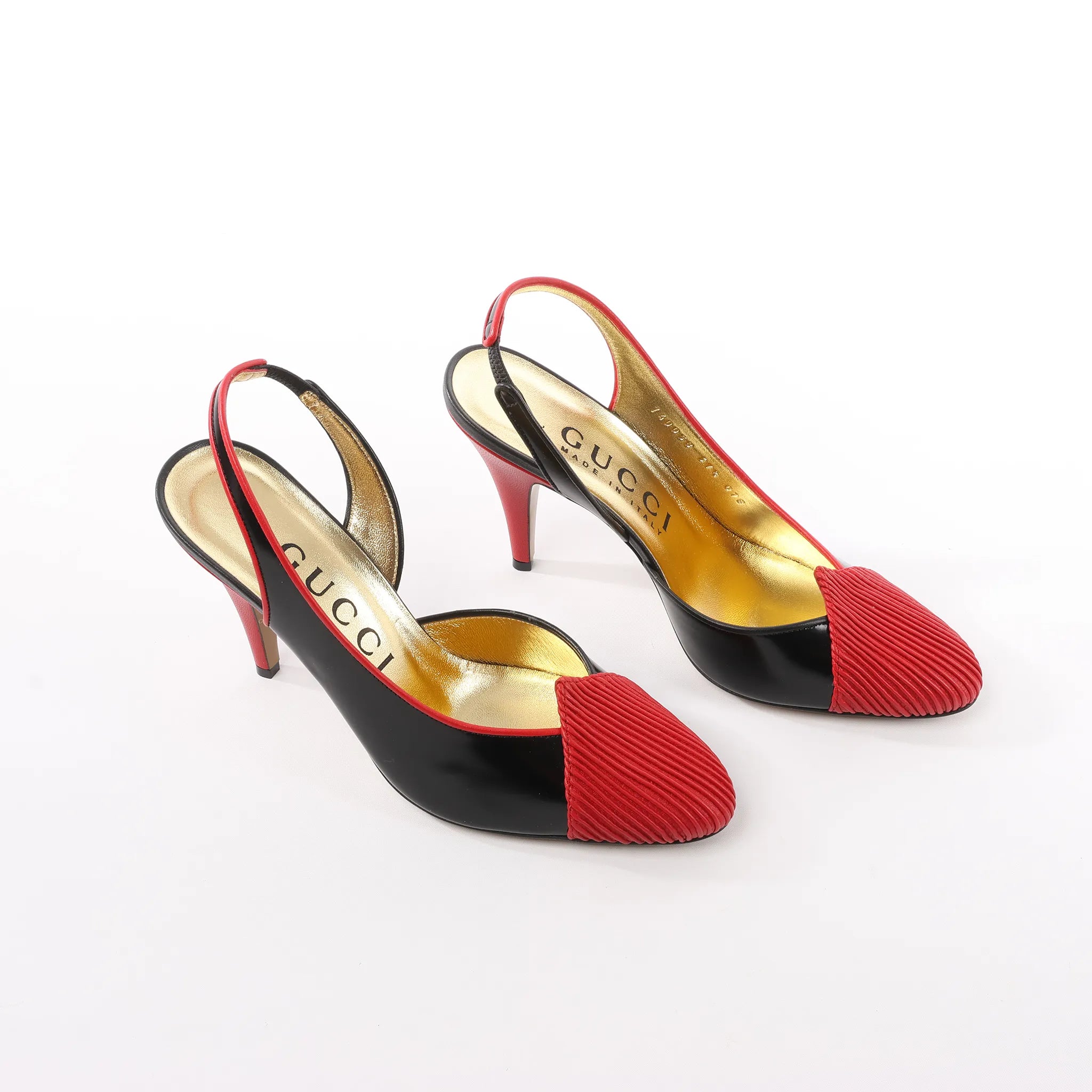 Gucci Slingback Leather Strap Pumps in Black x Red 740058, Size 37.5 EU
