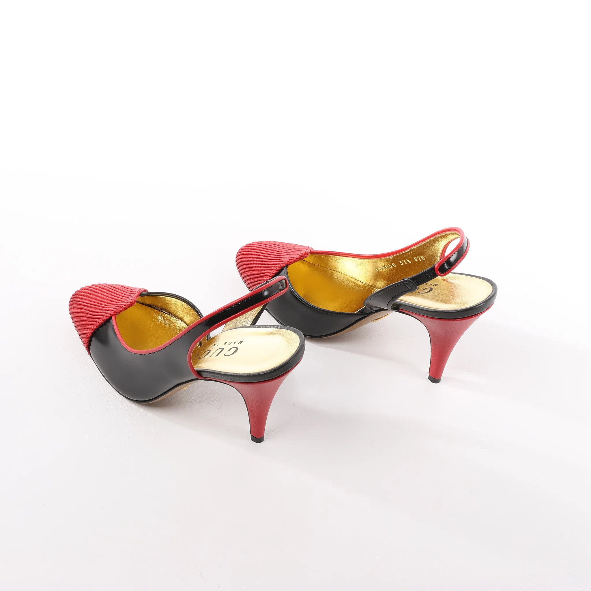 Gucci Slingback Leather Strap Pumps in Black x Red 740058, Size 37.5 EU