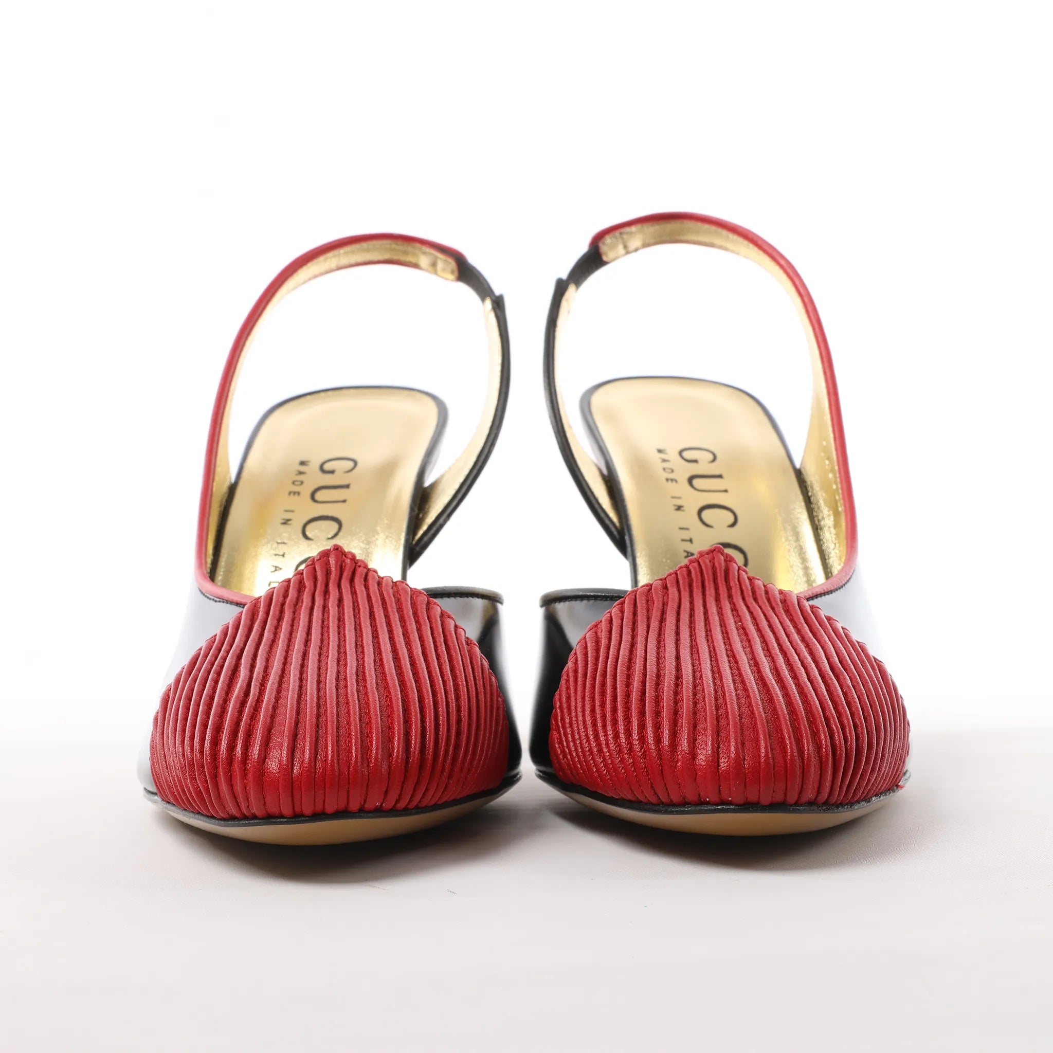 Gucci Slingback Leather Strap Pumps in Black x Red 740058, Size 37.5 EU