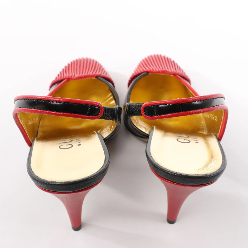 Gucci Slingback Leather Strap Pumps in Black x Red 740058, Size 37.5 EU