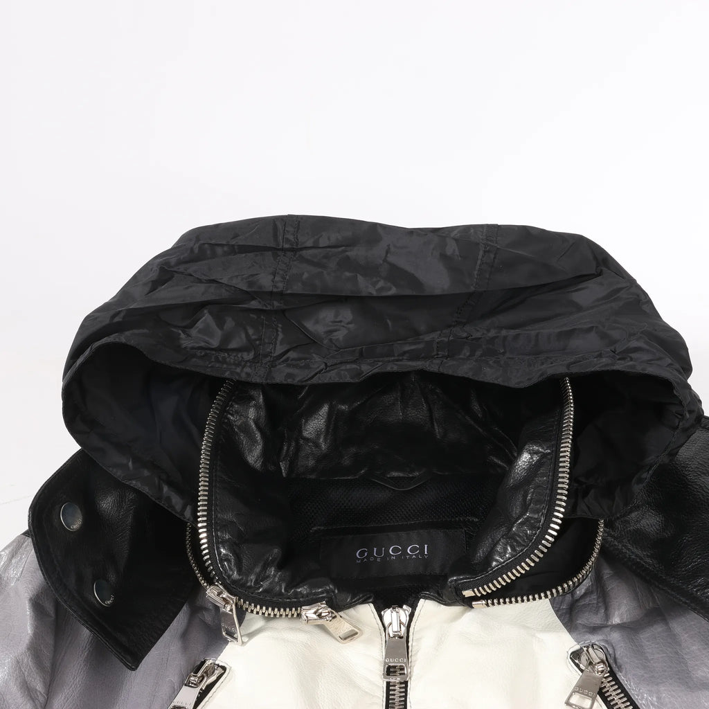 Gucci Litriang Leather Biker Jacket in Metallic Gray x White x Black, 48 IT