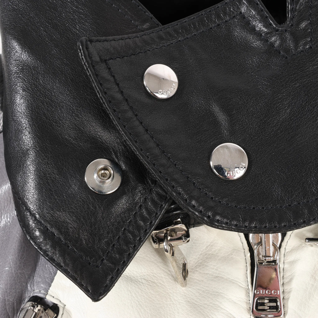 Gucci Litriang Leather Biker Jacket in Metallic Gray x White x Black, 48 IT