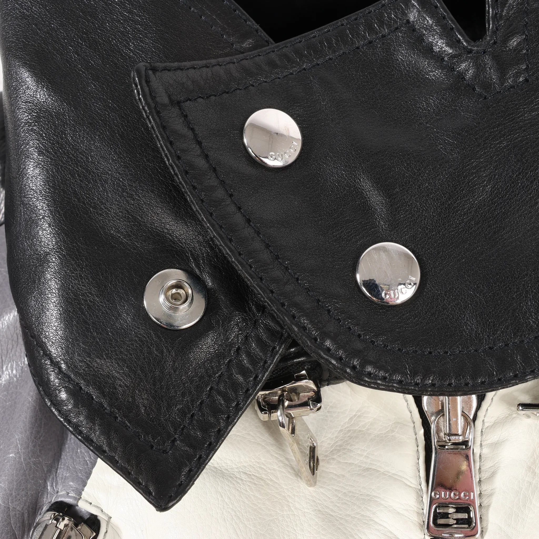 Gucci Litriang Leather Biker Jacket in Metallic Gray x White x Black, 48 IT