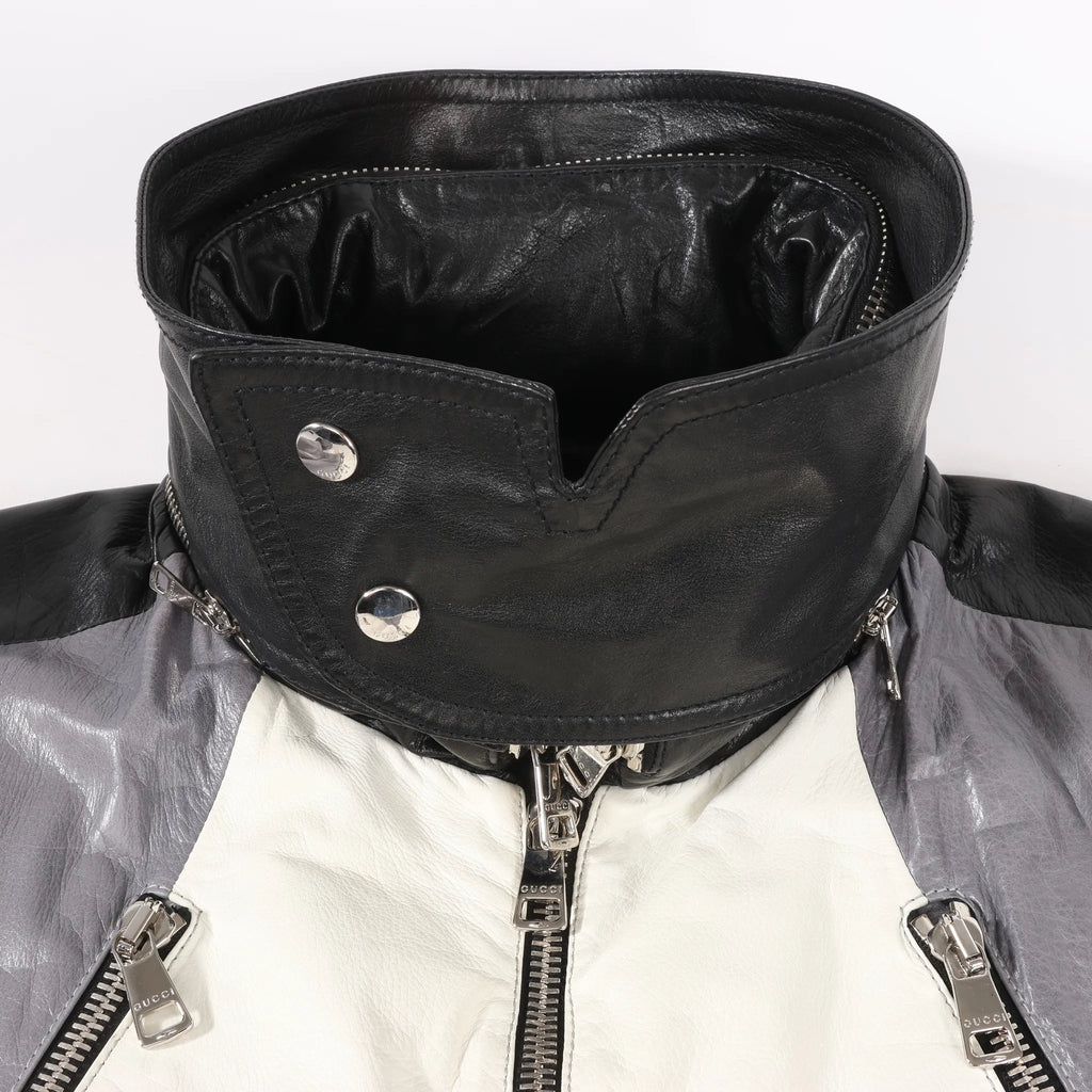 Gucci Litriang Leather Biker Jacket in Metallic Gray x White x Black, 48 IT