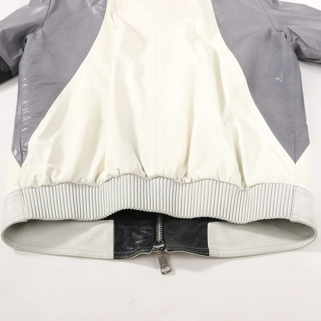 Gucci Litriang Leather Biker Jacket in Metallic Gray x White x Black, 48 IT