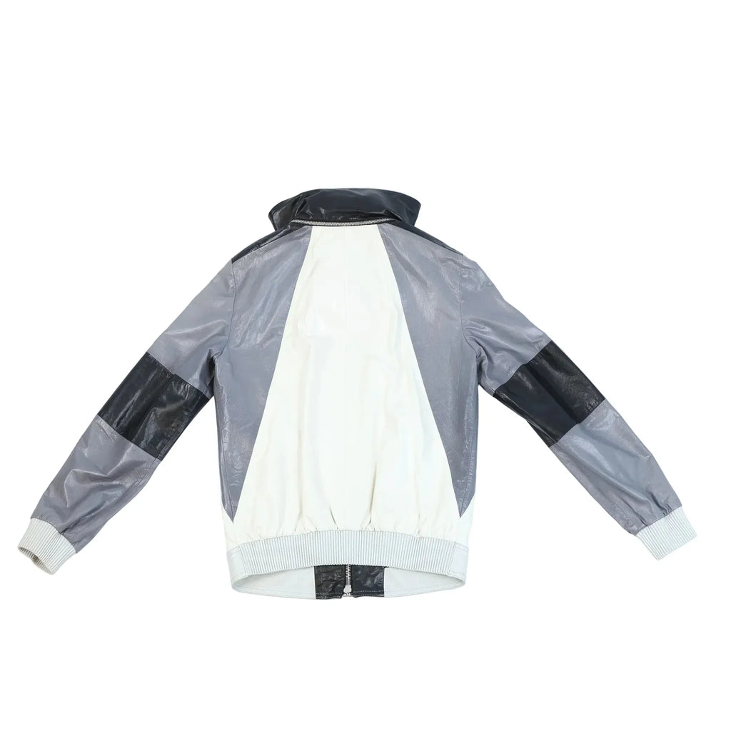 Gucci Litriang Leather Biker Jacket in Metallic Gray x White x Black, 48 IT