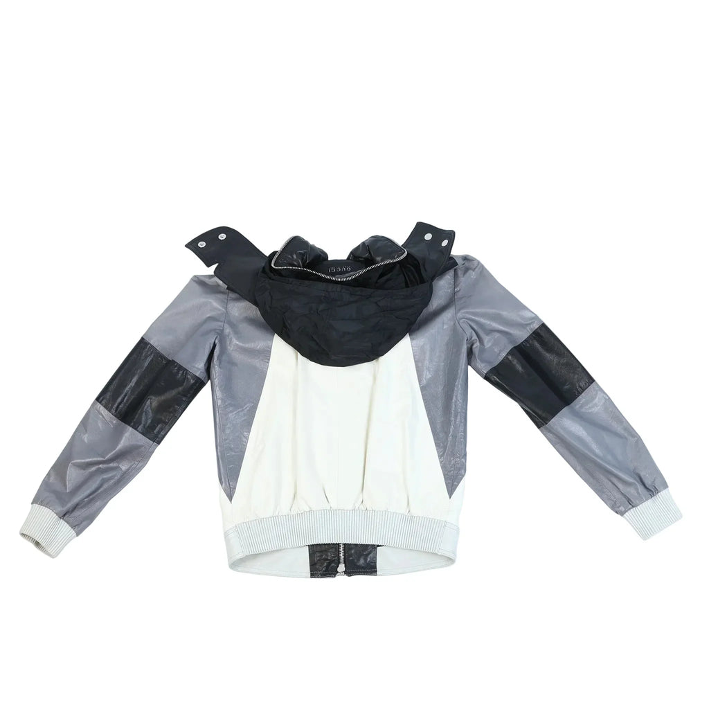Gucci Litriang Leather Biker Jacket in Metallic Gray x White x Black, 48 IT