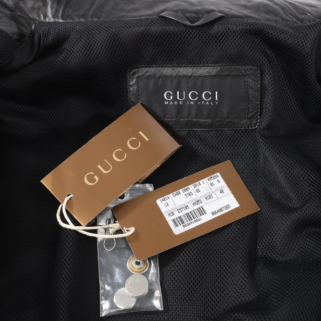 Gucci Litriang Leather Biker Jacket in Metallic Gray x White x Black, 48 IT
