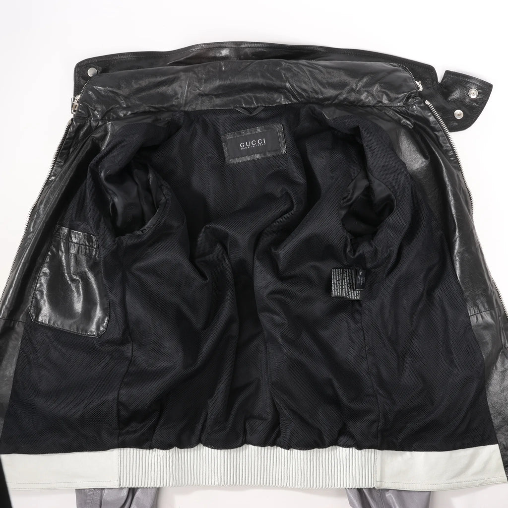 Gucci Litriang Leather Biker Jacket in Metallic Gray x White x Black, 48 IT