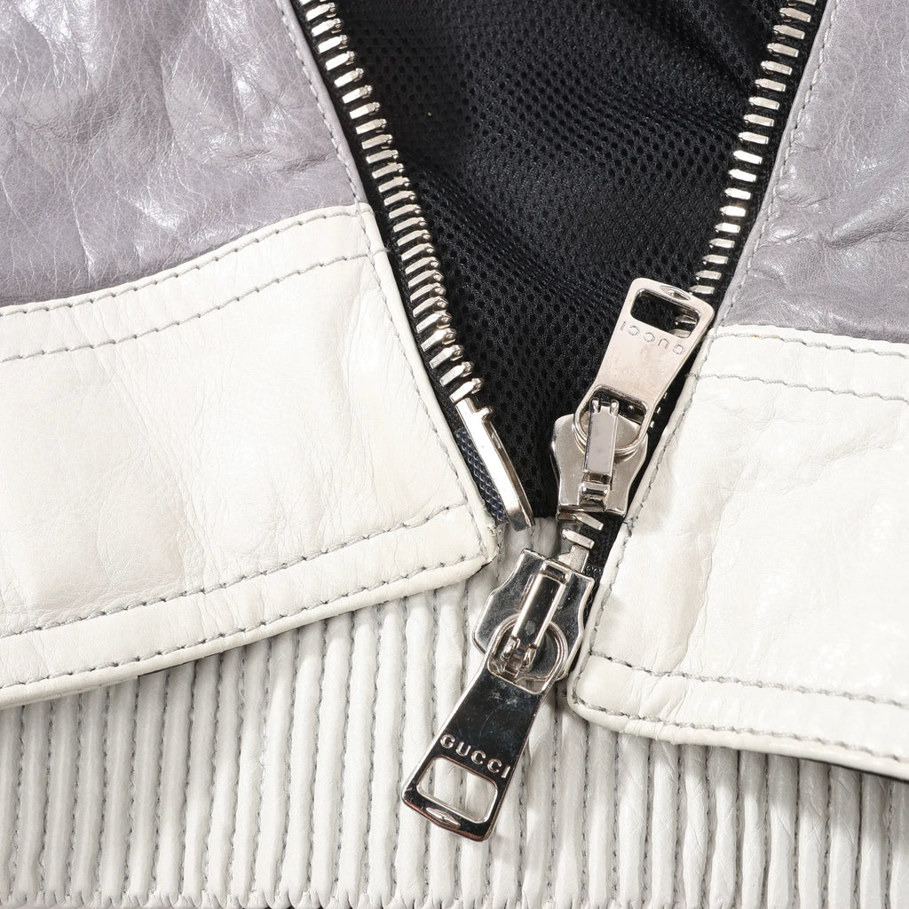 Gucci Litriang Leather Biker Jacket in Metallic Gray x White x Black, 48 IT