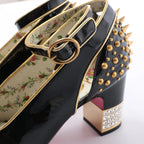 Gucci Caspar Patent Leather Strap Pumps in Black×Gold 492050, Size EU 38.5