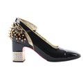 Black Gucci patent leather pump with gold-tone studs, wraparound ankle strap, pointed toe and crystal-embellished block heel.
