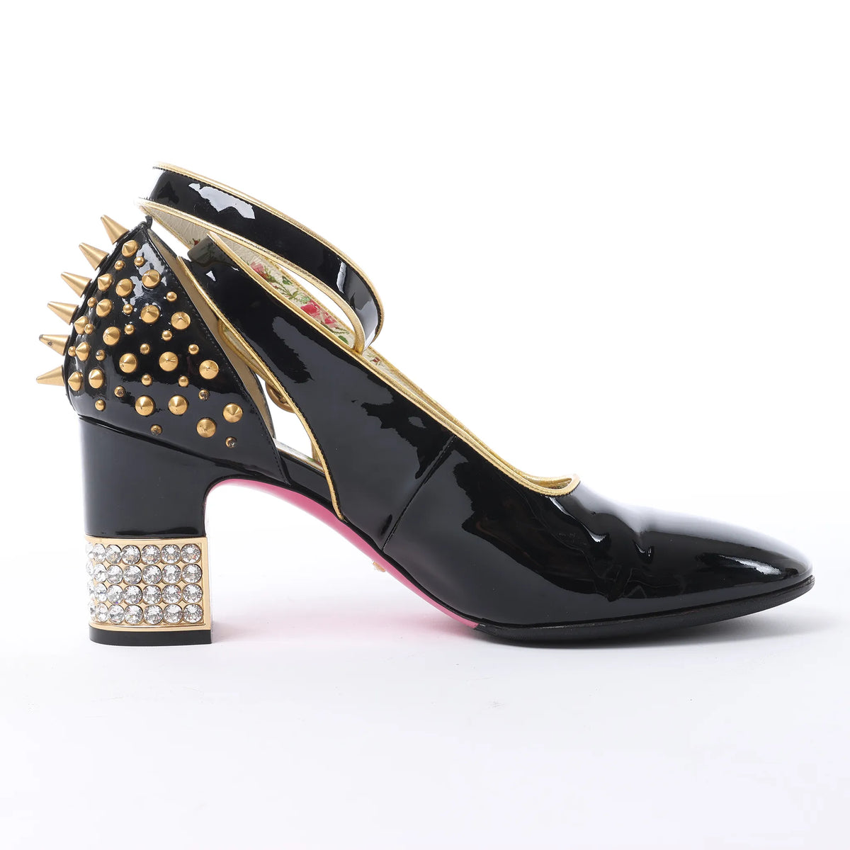 Gucci Caspar Patent Leather Strap Pumps in Black×Gold 492050, Size EU 38.5