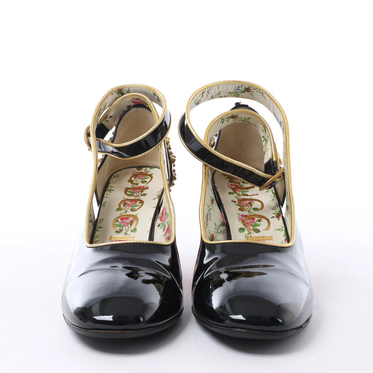 Gucci Caspar Patent Leather Strap Pumps in Black×Gold 492050, Size EU 38.5
