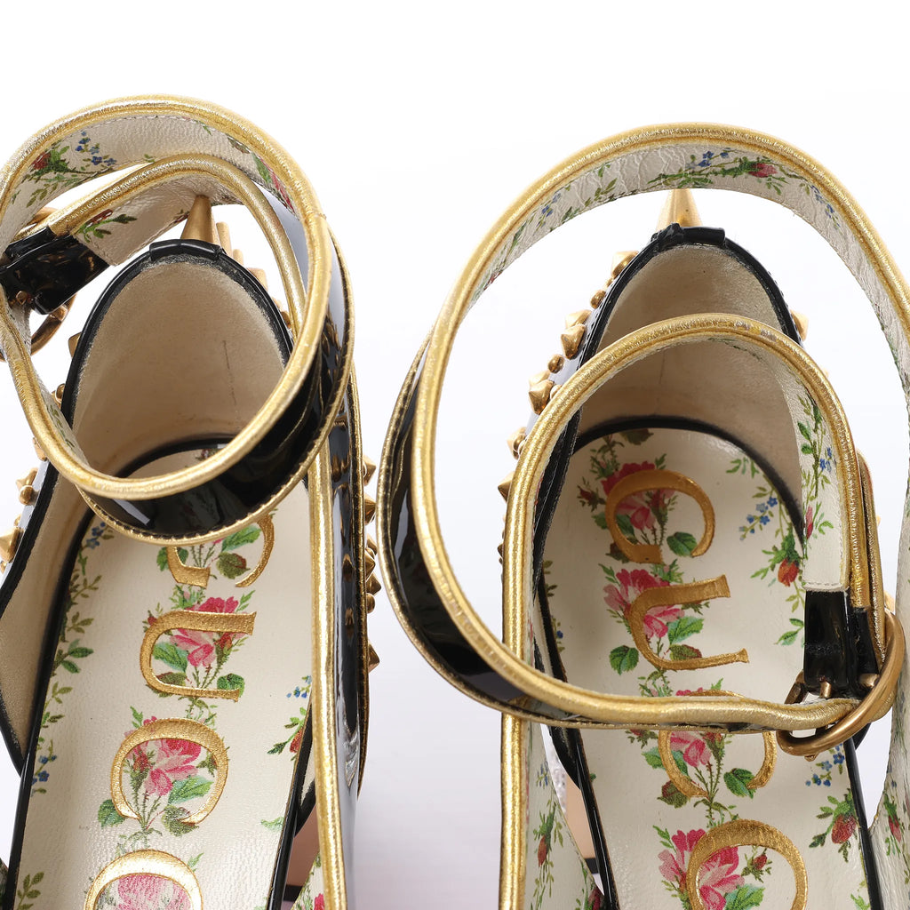 Gucci Caspar Patent Leather Strap Pumps in Black×Gold 492050, Size EU 38.5
