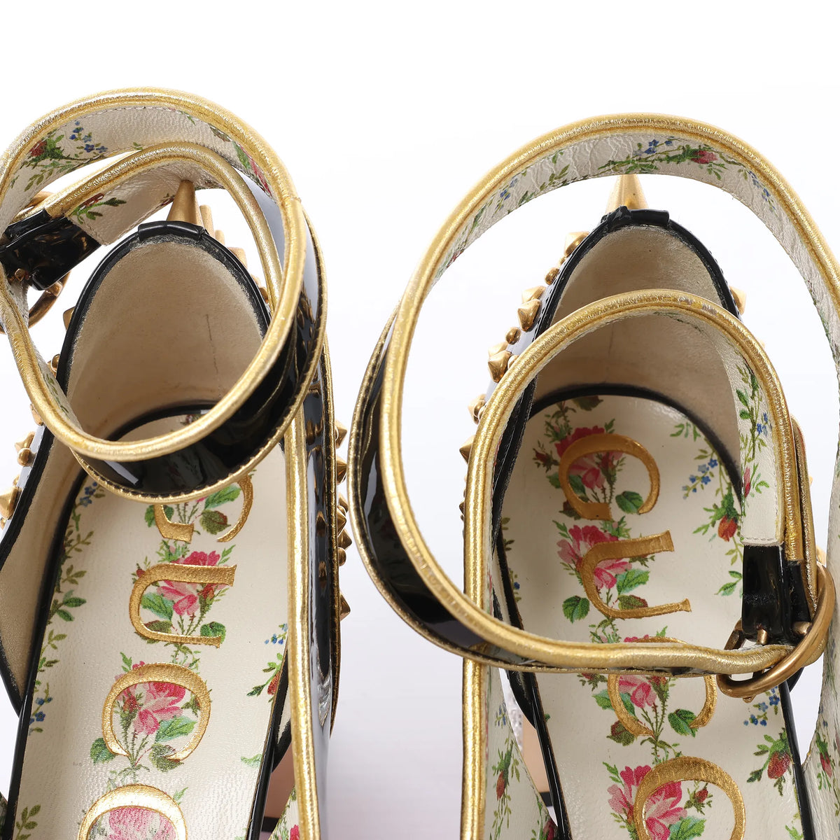 Gucci Caspar Patent Leather Strap Pumps in Black×Gold 492050, Size EU 38.5
