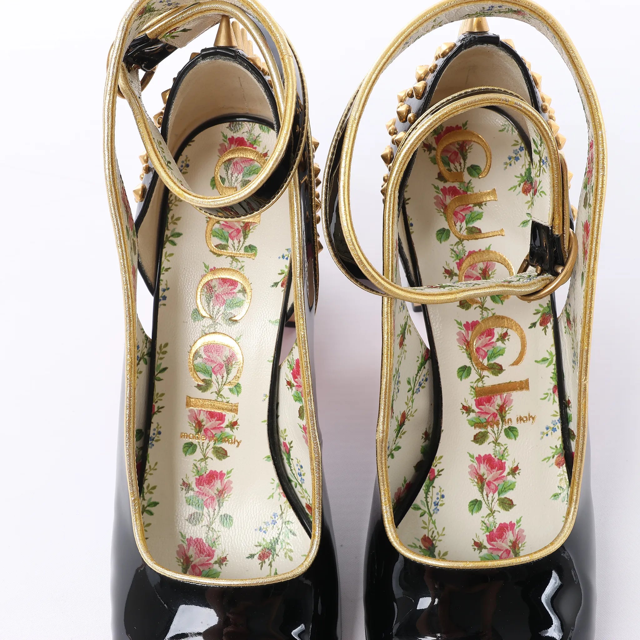 Gucci Caspar Patent Leather Strap Pumps in Black×Gold 492050, Size EU 38.5