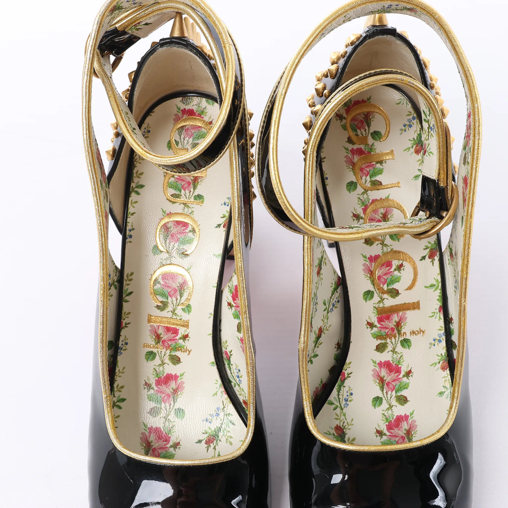 Gucci Caspar Patent Leather Strap Pumps in Black×Gold 492050, Size EU 38.5
