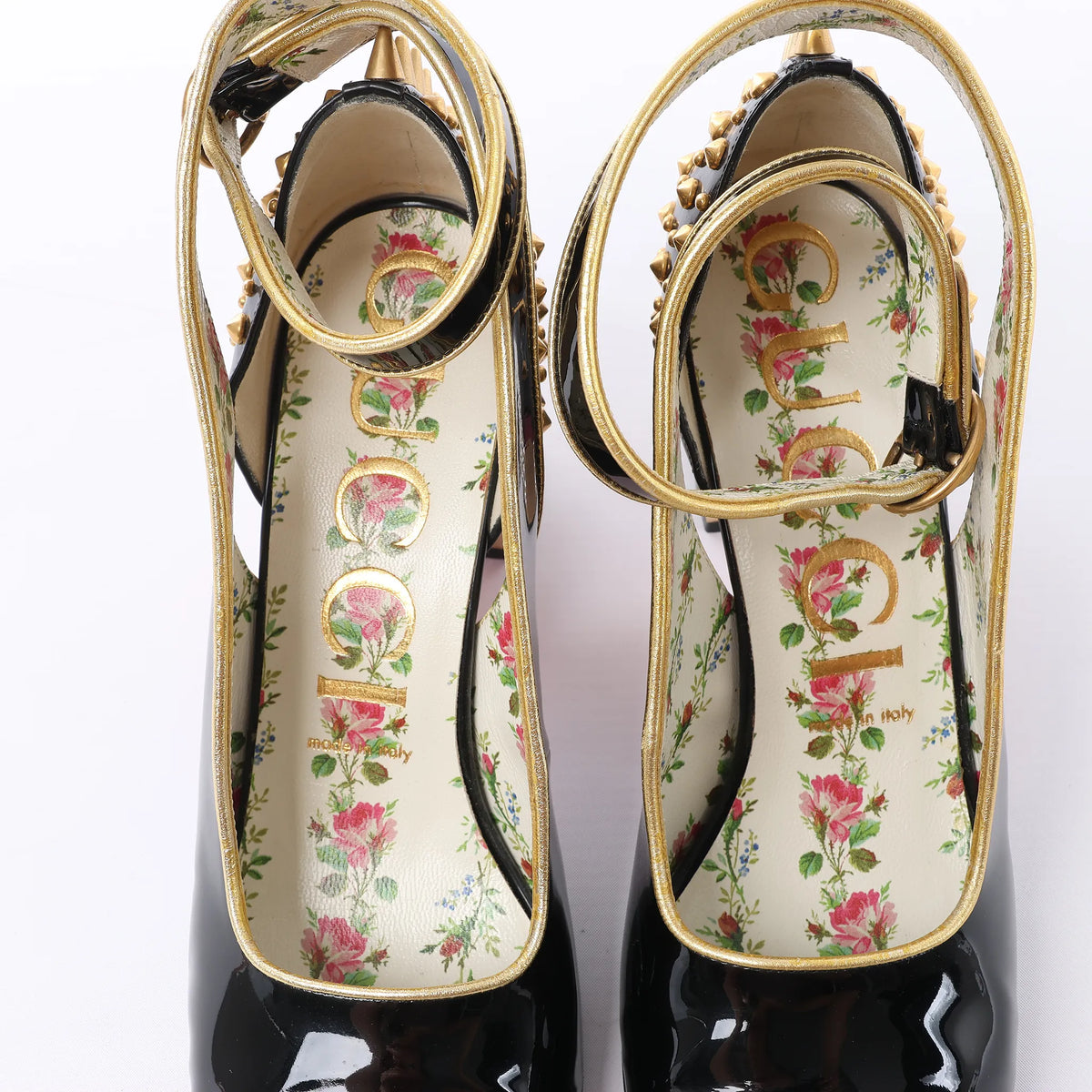 Gucci Caspar Patent Leather Strap Pumps in Black×Gold 492050, Size EU 38.5