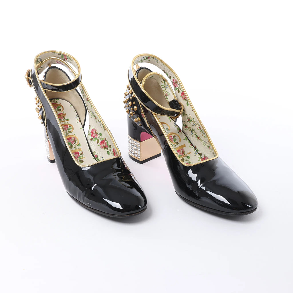 Gucci Caspar Patent Leather Strap Pumps in Black×Gold 492050, Size EU 38.5