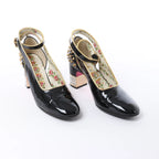 Gucci Caspar Patent Leather Strap Pumps in Black×Gold 492050, Size EU 38.5