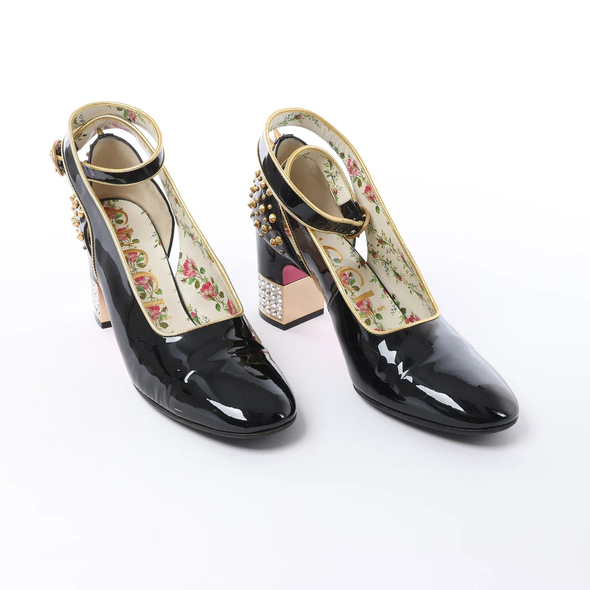 Gucci Caspar Patent Leather Strap Pumps in Black×Gold 492050, Size EU 38.5