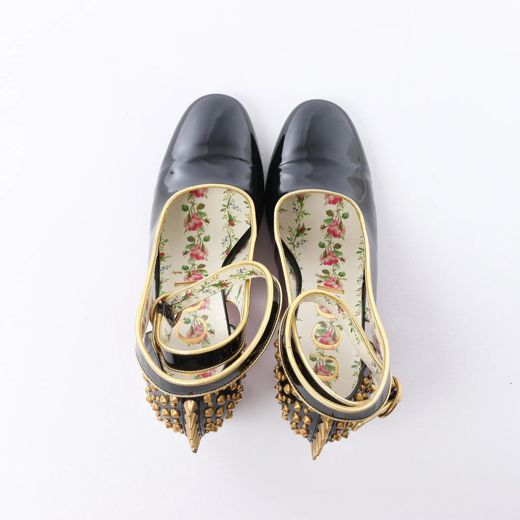 Gucci Caspar Patent Leather Strap Pumps in Black×Gold 492050, Size EU 38.5