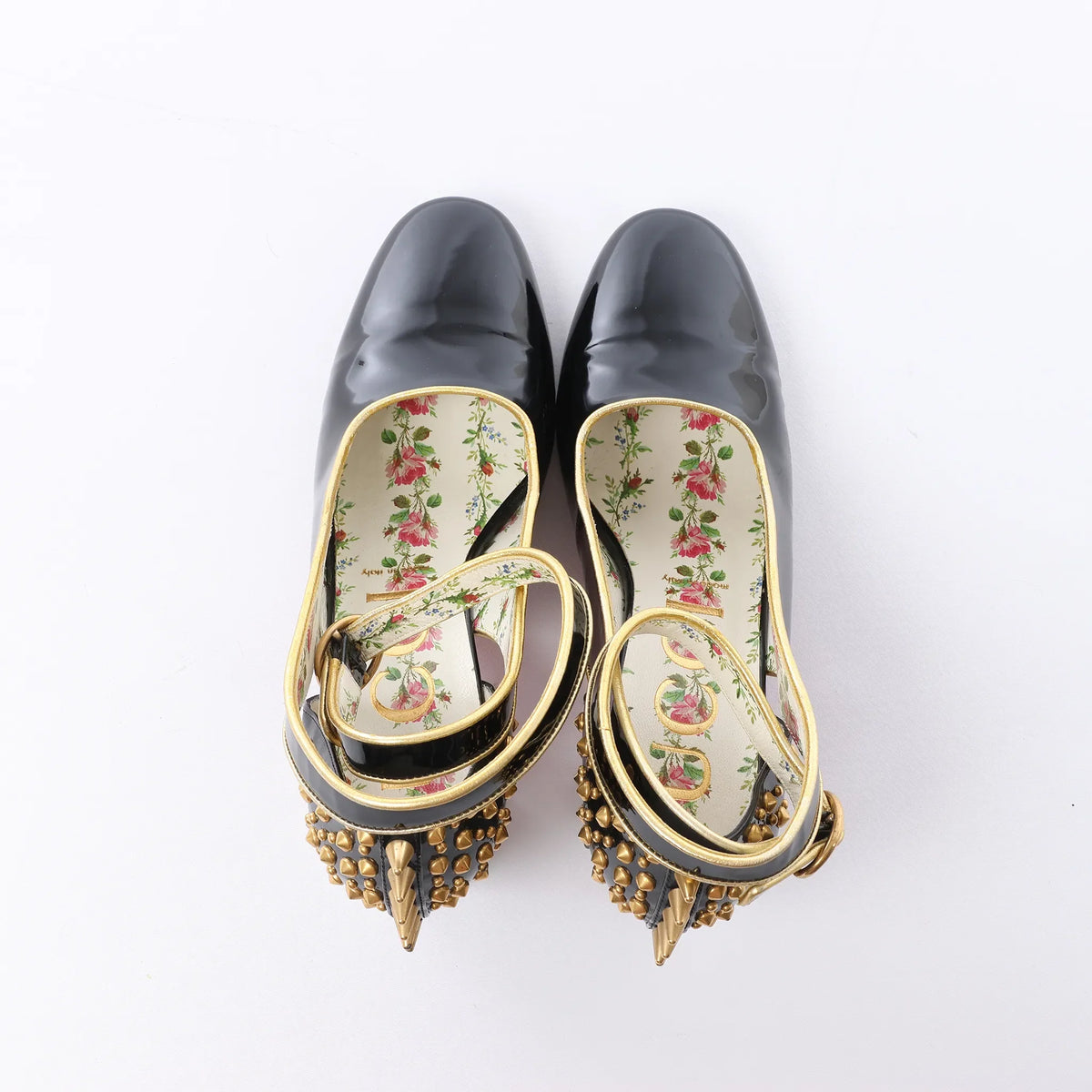 Gucci Caspar Patent Leather Strap Pumps in Black×Gold 492050, Size EU 38.5