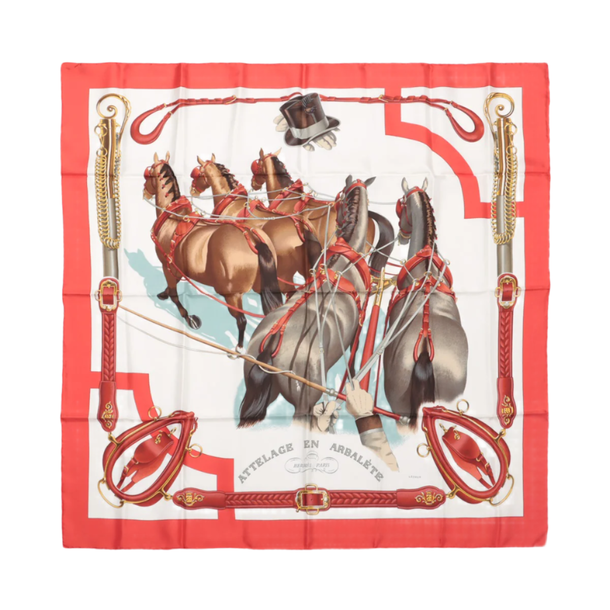 Hermès Carré 90 "ATTELAGE EN ARBALETE" 100% Silk Scarf in Red