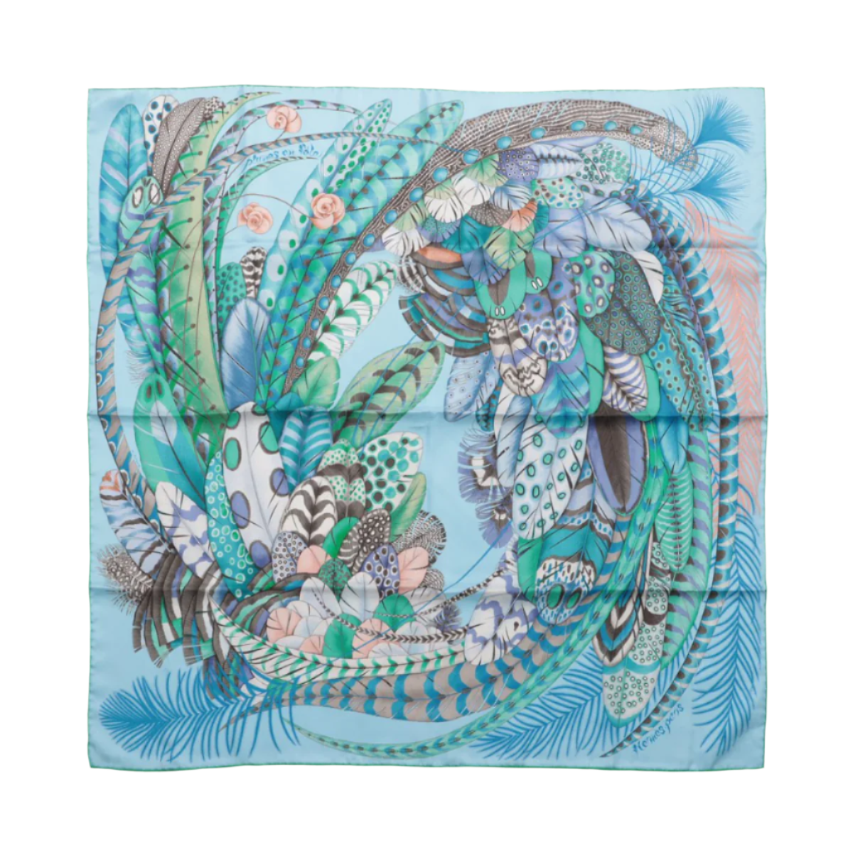 Hermès Carré 90 "PLUMES EN FETE" 100% Silk Scarf in Blue