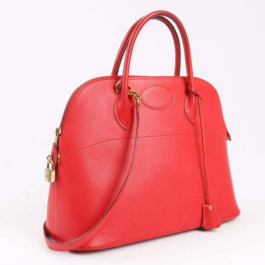 HERMES Bolide 35 Box Leather in Rouge Vif Gold Metal Fittings ○W:1993