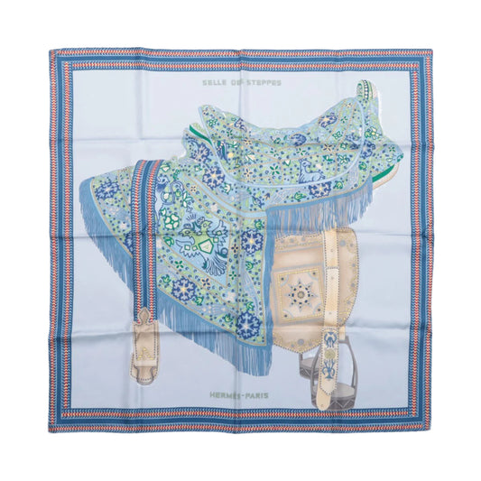 Hermès Carré 90 "Selle des Steppes" 100% Silk Scarf in Blue